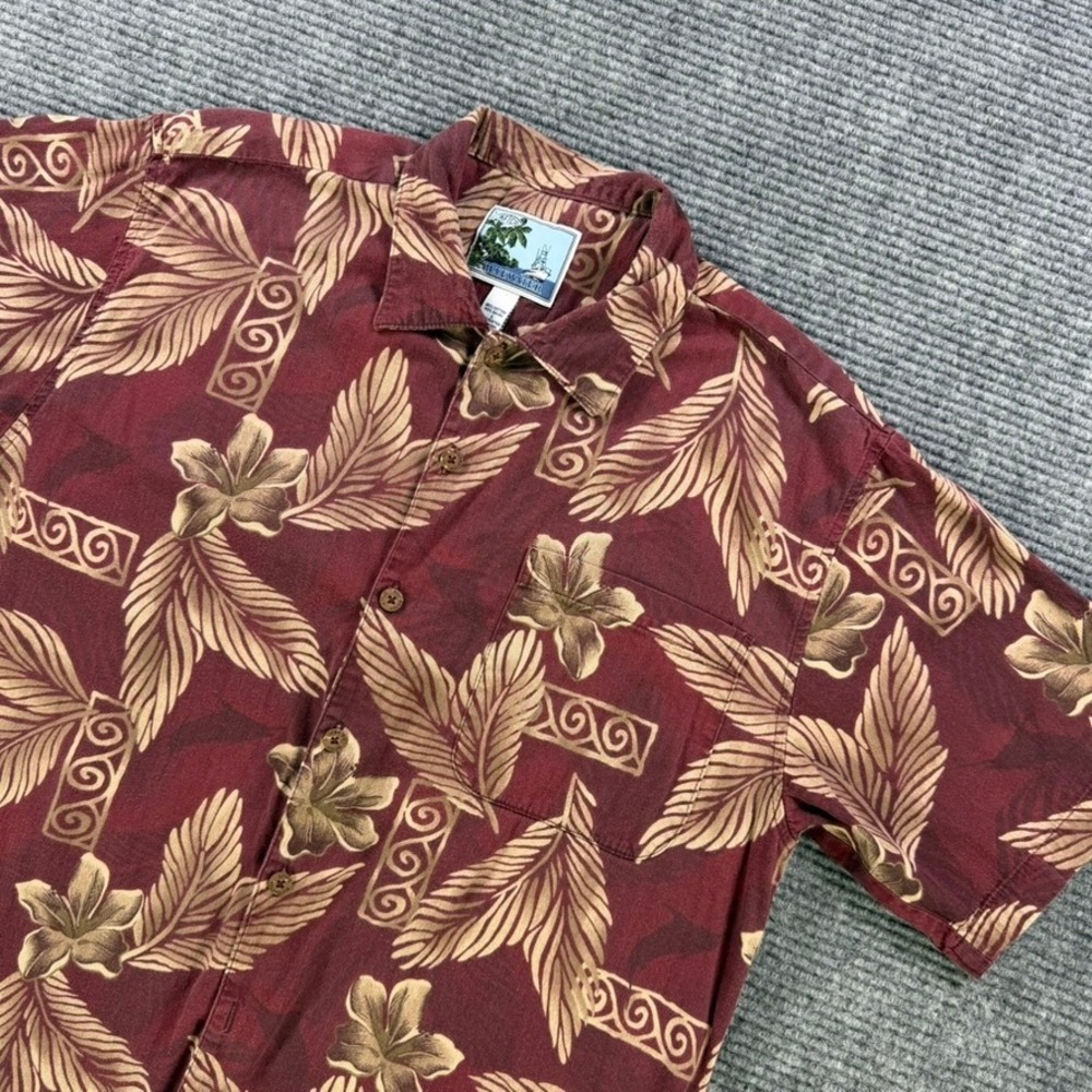 Aftco Bluewater Mens Large Burgundy Tropical Floral Hibiscus Button Down Shirt